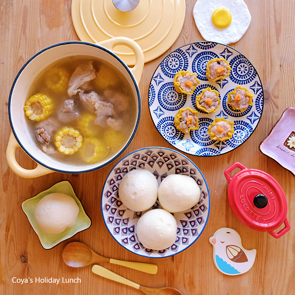 [食譜做法]豆沙包 (綠豆餡)、鮮蝦燒賣 (皮擀太厚了哈)、玉米排骨湯